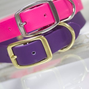 May include: Two dog collars, one pink and one purple, with silver and gold buckles.