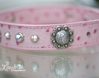 Crystal Dog Collar, Leather Dog Collar, Leather Concho Collar, Pink Ostrich Leather Collar, Equine Bling Dog Collar, Crystal Leather Collar