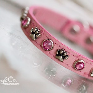Pink Leather Dog Collar, Swarovski Crystals, Silver Paws