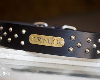 Wide Leather Dog Collar, Engraved Name Tag, Studded, Large Breed