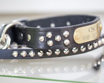 Leather Collar With Name Plate, Leather Dog Collar, Black Studded Collar, 1 inch Personalized Collar With Engraved Name Plate, dog collar