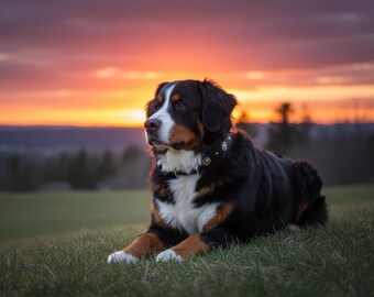 Coleira de couro para Bernese Mountain Dog/Bullmastiff, com detalhes florais e placa de identificação gravada.