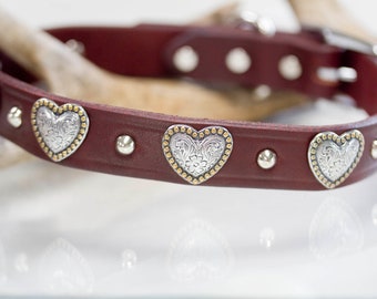 Leather Dog Collar, 1 inch, Heart Concho, Antique Silver