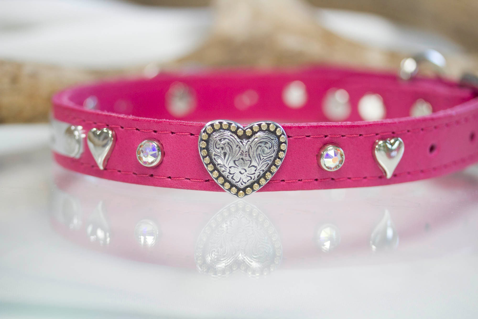 Personalized Leather Dog Collar, Heart Concho, Crystal, Raspberry Pink