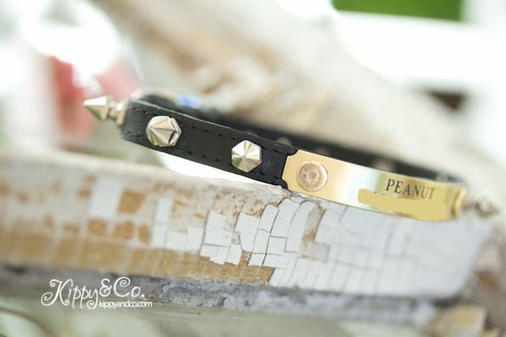Tiny Spike Leather Dog Collar, Engraved Name, Small Pet Collar