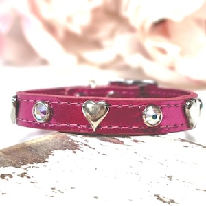 Heart Crystal Dog Collar, Leather Dog Collar, Jeweled Dog Collar, Small Dog Collar, Puppy Collar, Collar for girl, Dog Collar