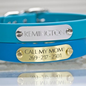 May include: Two dog collars with engraved metal tags. The top collar is turquoise blue with a silver tag that reads "REMINGTON". The bottom collar is a darker blue with a gold tag that reads "CALL MY MOM! 269-217-2501".