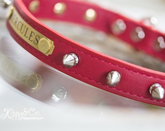 Personalized Spike Dog Collar, Leather Collar with Spikes, Red Personalized Spike Collar, Spike Dog Collar with name plate, Spike Dog Collar