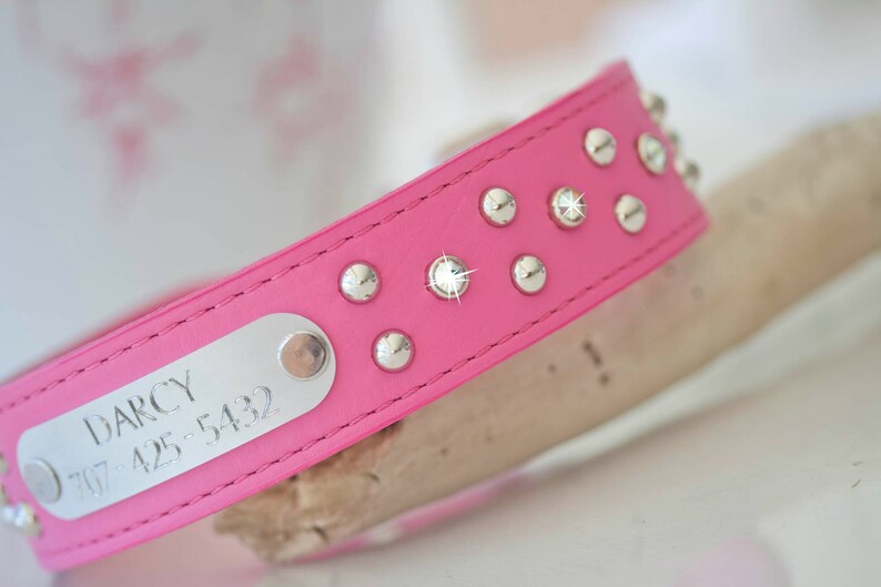Crystal Dog Collar 1.5 inch Sturdy Leather Collar Pink Leather Collar Crystals Studded Leather Collar Bling dog Collar Leather Collar