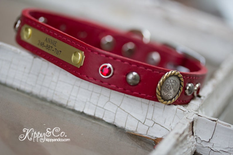 Red Dog Collar // Red Leather Dog Collar // Leather Dog Collar // Pet Collar // Leather Pet Collar // Puppy Collar // Jeweled Dog Collar image 1