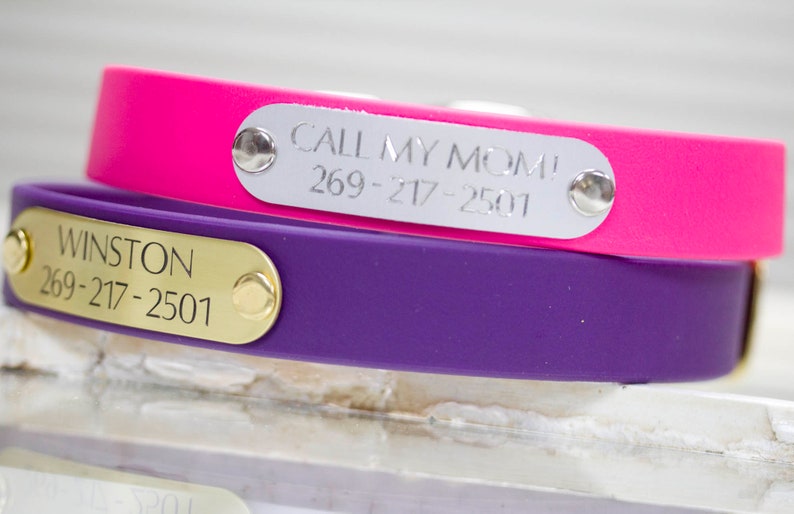 May include: Two dog collars with engraved name tags. The top collar is pink with a silver tag that reads "CALL MY MOM! 269-217-2501". The bottom collar is purple with a gold tag that reads "WINSTON 269-217-2501".