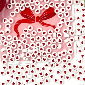 Red Hearts & Mini White Circle Beads, Stamped Red Heart Beads for Jewelry Making, Valentine Craft Beads, Cute and Tiny Spacer Beads