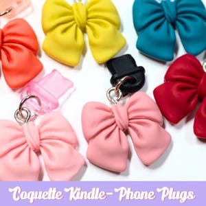 Kindle Charm Phone Dust Plug, Bright Coquette Bow Charms, Tech Accessories Kindle Tablet Switch iPhone Lightning Micro-USB, USB-C Compatible