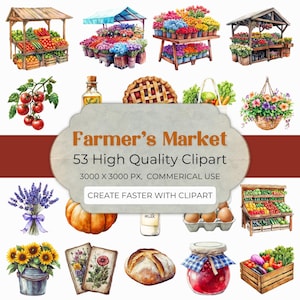 Boerenmarkt clipartpakket lokaal geteelde groenten fruit clipart bloem clipart rustieke boerderij staan aquarel PNG bloemenkraam graphics