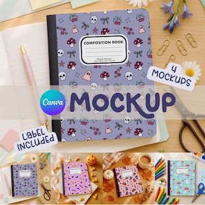 Puede incluir: Un cuaderno de composición con una cubierta morada con un patrón de calaveras, fantasmas, cerezas y setas. El libro está abierto sobre una superficie de madera con un bolígrafo, clips y tijeras. El texto "COMPOSITION BOOK" es visible.