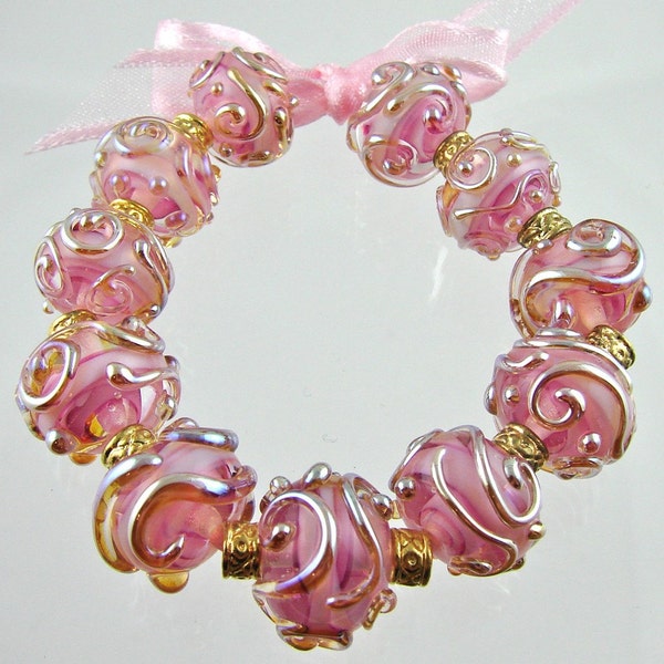 Pink Aurae Ribbon Handmade Lampwork Beads