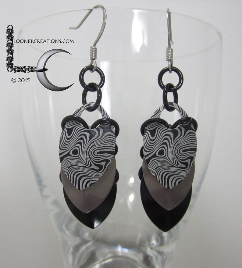 Damascus Laser Etched Anodized Aluminum Scalemaille Earrings Etsy