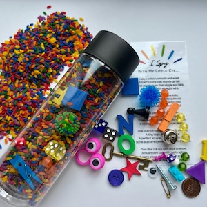 Rainbow Rice I Spy Sensory Tube: Toddler Travel Toy with Trinkets