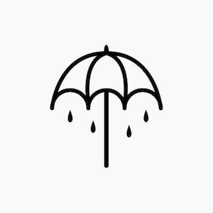 以下が含まれることがあります： 雨滴が降っている傘の白黒の線画イラスト