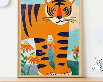 Tiger Art Print, Floral Illustration, A4 Kids Art