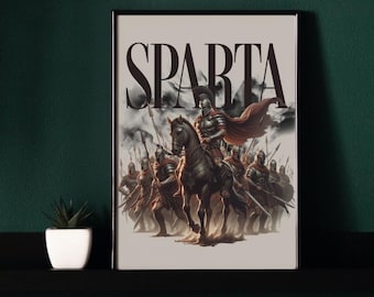May include: A black and white illustration of a group of Spartan warriors on horseback, with the word "SPARTA" in large, bold letters at the top. The warriors are wearing helmets and armor, and they are holding spears and shields.
