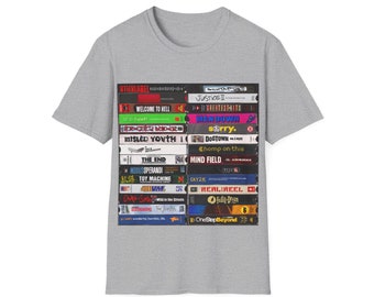 Classic Skateboarding VHS tapes stack painting on a Unisex Softstyle T-Shirt