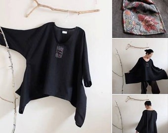 Top de lino negro con motivo de kimono Lagenlook en talla grande, hecho a medida