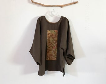 over size brown linen kimono motif top ready to wear