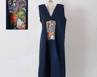 size S midnight blue sparrow linen dress with Japanese floral kimono silk panel