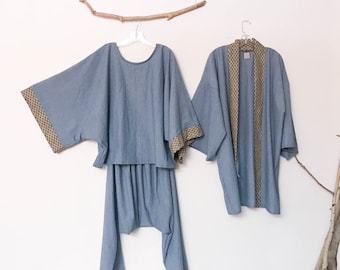 custom small wave denim outfit top, harem pants and haori jacket made to order listing