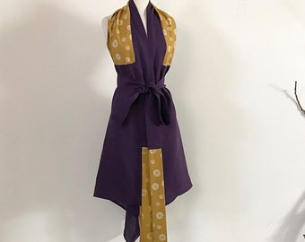 ready wear purple linen chic low cut halter dress with slim sand coin cotton obi sash