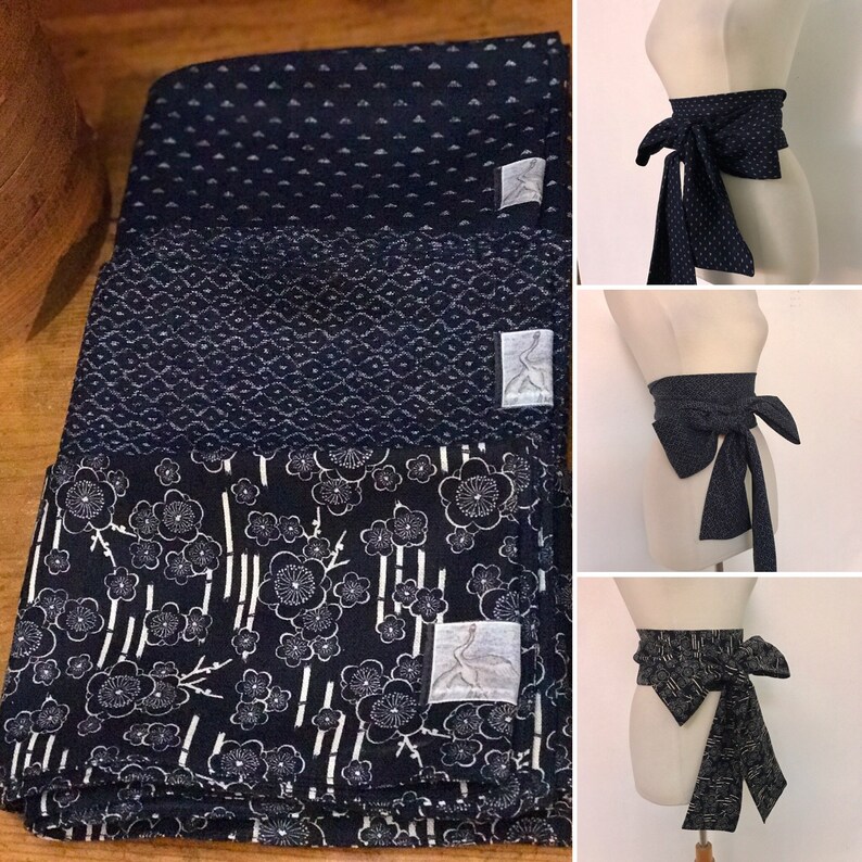 made to order Japanese motif homespun cotton obi sashes regular or plus size length image 1