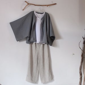 custom minimalist linen outfit sleeveless top, pants and wide sleeve jacket