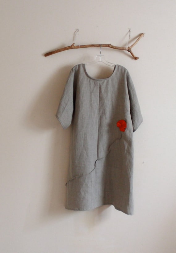 custom plus size natural linen dress with orange pleated flowers