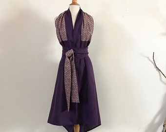 ready wear purple linen chic low cut halter dress with slim linked circle cotton obi sash