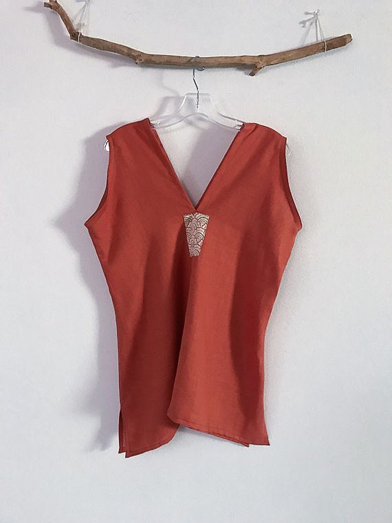 Orange linen sparrow top with kimono motif ready to wear | Etsy