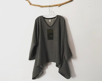 ready wear plus size lagenlook kimono motif black ecru wool crepe top