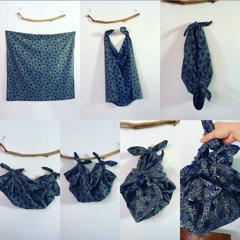 large eco friendly indigo Japanese motif cotton furoshiki wrap or scarf image 2