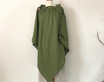 cedar green linen poncho with linen rose deco free size ready to wear