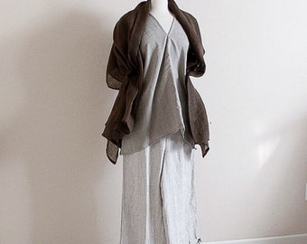 earthy tone linen outfit custom made - linen shawl, linen top, linen pants