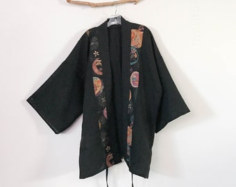 made to order round floral motif on black heavy weight linen haori inspired jacket
