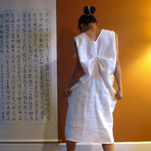 custom two folds white linen dress