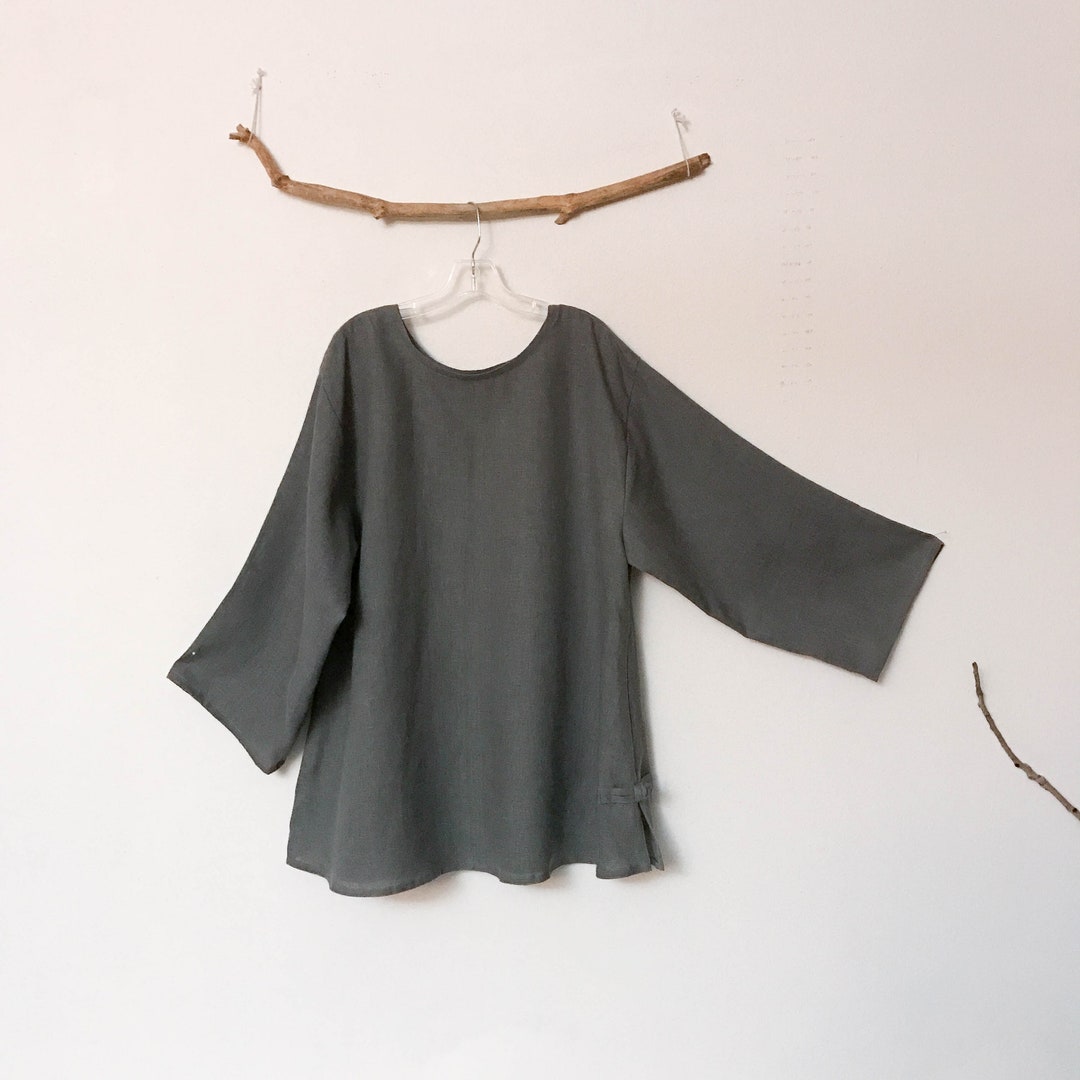 Custom Linen Asian Style Blouse With Rounded Neckline - Etsy