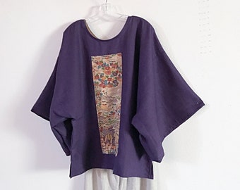 purple linen kimono motif top ready to wear