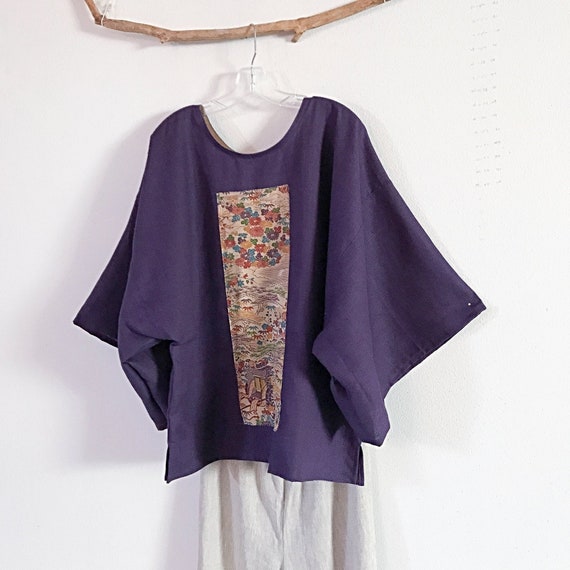 Purple Linen Kimono Motif Top Ready to Wear | Etsy