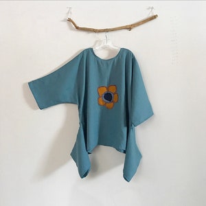 ready wear plus size lagenlook patched flower light blue linen top
