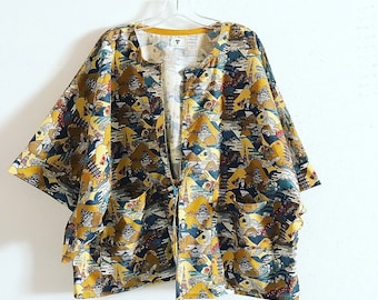 ready wear Yellow buddha crane Mountain dobby cotton kimono sleeve jacket with 2 pockets
