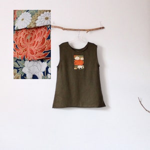 Free US Shipping  olive linen top with floral kimono silk motif size M ready to wear