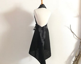 ready wear black heavy linen chic low cut halter dress with slim Wa college cotton obi sash