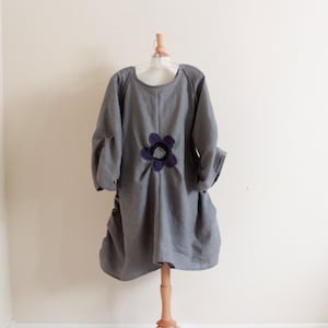 custom plus size flower fold gray linen dress